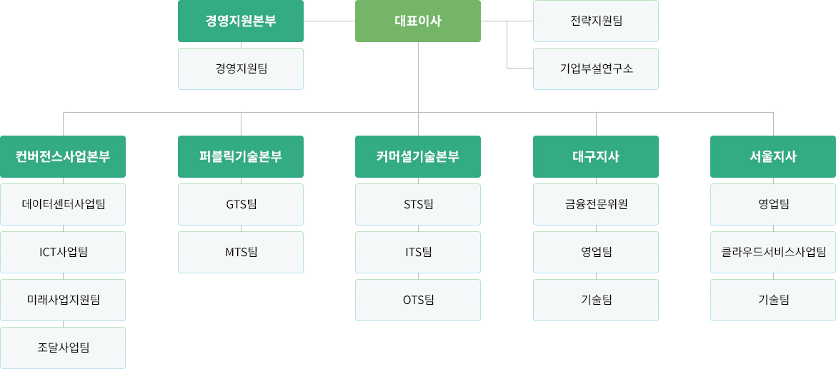 대표이사, 경영지원본부, 컨버전스사업본부, 퍼블릭기술본부, 커머셜기술본부, 대구지사, 서울지사